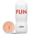Étui blanc Jamyjob Fun Pussy Experience posé à côté de l'insert amovible couleur chair montrant l'orifice vaginal