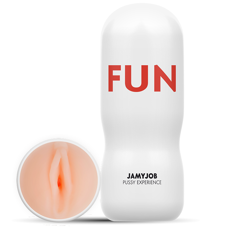Étui blanc Jamyjob Fun Pussy Experience posé à côté de l'insert amovible couleur chair montrant l'orifice vaginal