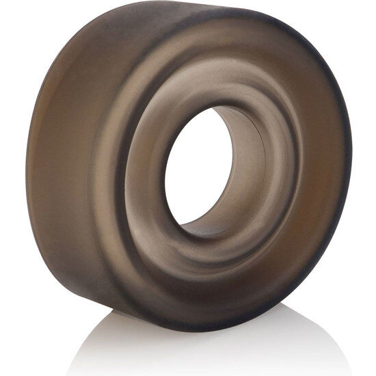 Manchon de pompe en silicone fumé épais et annelé, vue de face sur l'ouverture centrale, accessoire universel s'adaptant aux cylindres jusqu'à 7,5 cm de diamètre.