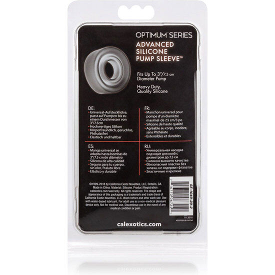Verso du packaging Advanced Silicone Pump Sleeve Optimum Series, manchon en silicone noir avec notice multilingue, accessoire heavy duty pour pompe à pénis.