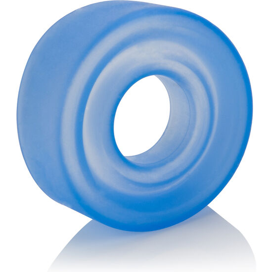 Manchon de pompe en silicone bleu translucide vu de face, épaisse bague souple à ouverture centrale compatible avec les pompes péniennes jusqu'à 7,5 cm de diamètre.