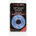 Blister Optimum Series Advanced Silicone Pump Sleeve coloris Blue, manchon en silicone bleu CalExotics pour pompe aspirante, packaging noir et rouge.