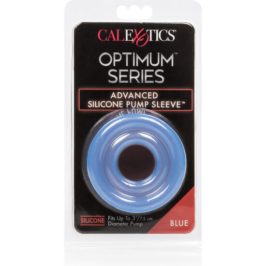 Blister Optimum Series Advanced Silicone Pump Sleeve coloris Blue, manchon en silicone bleu CalExotics pour pompe aspirante, packaging noir et rouge.