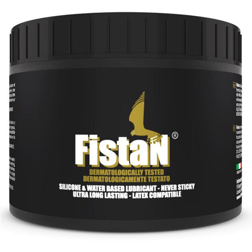 Pot noir de gel lubrifiant anal Fistan vu de face, formule silicone et eau apaisante pour le confort, testee dermatologiquement, etiquette doree sur fond sombre