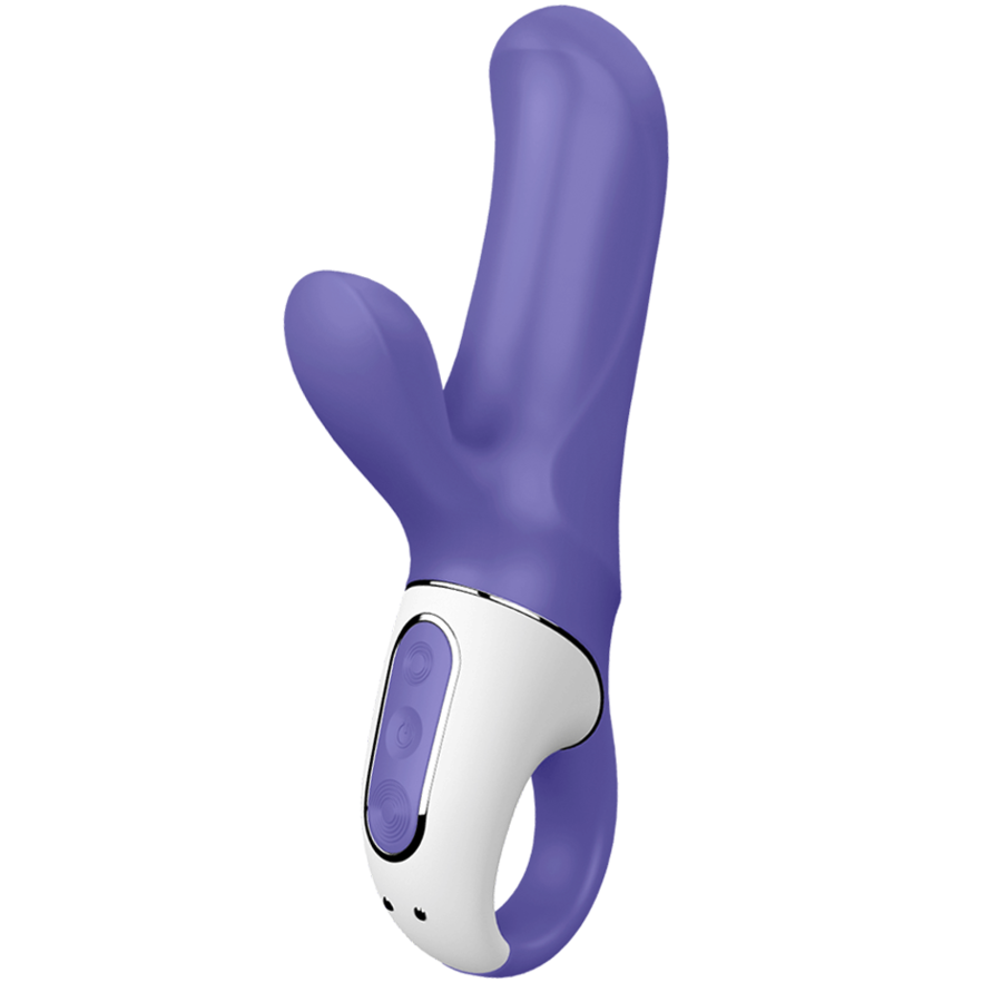 Lapin vibrant Satisfyer Magic Bunny violet en silicone vu de trois quarts haut, tige interne galbee et oreille clitoridienne, poignee blanche a anneau, double stimulation compacte.