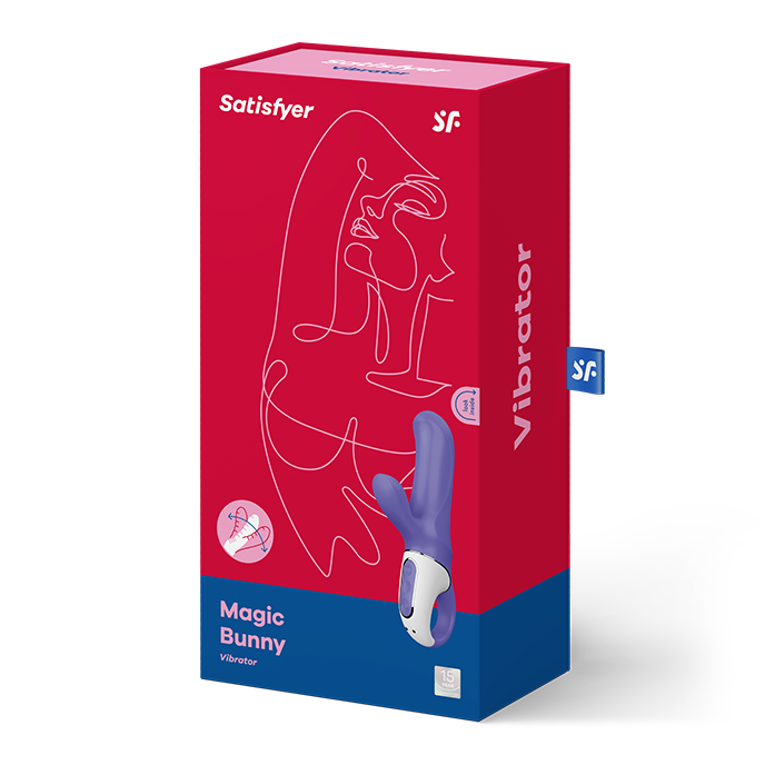 Boite rouge du lapin vibrant Satisfyer Magic Bunny, packaging Vibrator illustre d'un visage au trait avec visuel du jouet violet, double stimulation clitoris et zone interne.