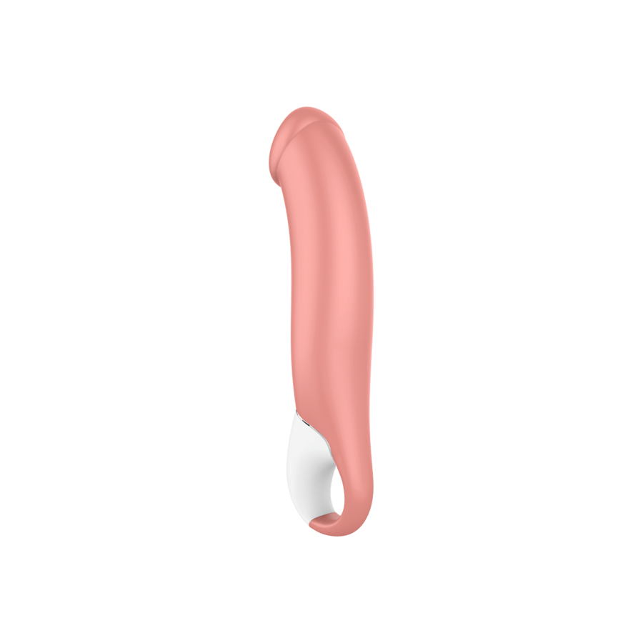 Vibromasseur point G Satisfyer Master couleur chair en silicone vu de profil, tete galbee et manche blanc a anneau de prise, vibrations reparties dans le corps du jouet, submersible.