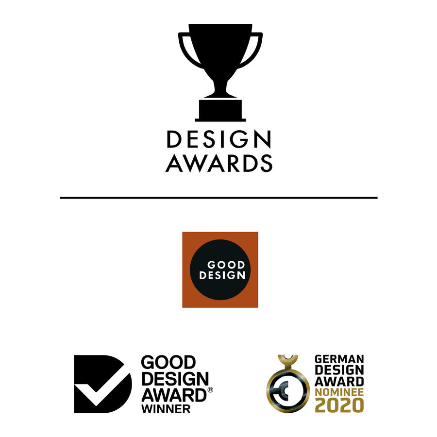 Logos de recompenses Good Design Award Winner et German Design Award Nominee 2020 associes au vibromasseur point G Satisfyer Master, gage de qualite du jouet en silicone.