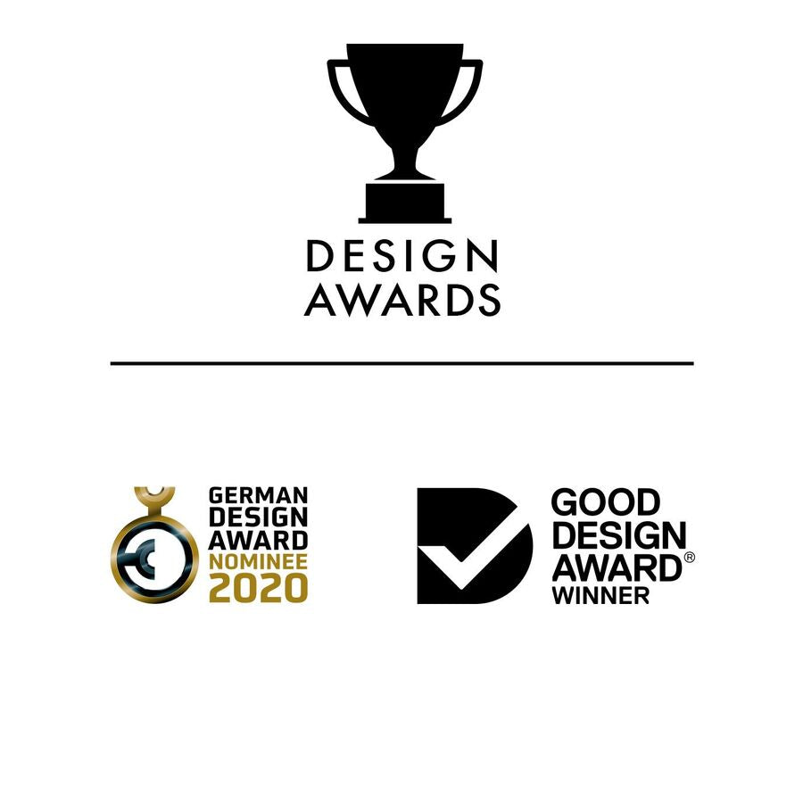 Logos de recompenses design German Design Award Nominee 2020 et Good Design Award Winner associes au vibromasseur rabbit Satisfyer, gage de qualite du jouet en silicone.