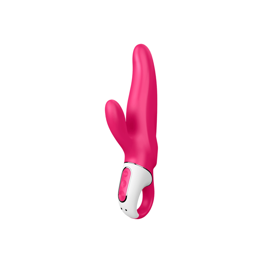 Vibromasseur rabbit Satisfyer rose en silicone vu de trois quarts, tige interne et oreille clitoridienne laterale, poignee blanche ergonomique, double stimulation, rechargeable.