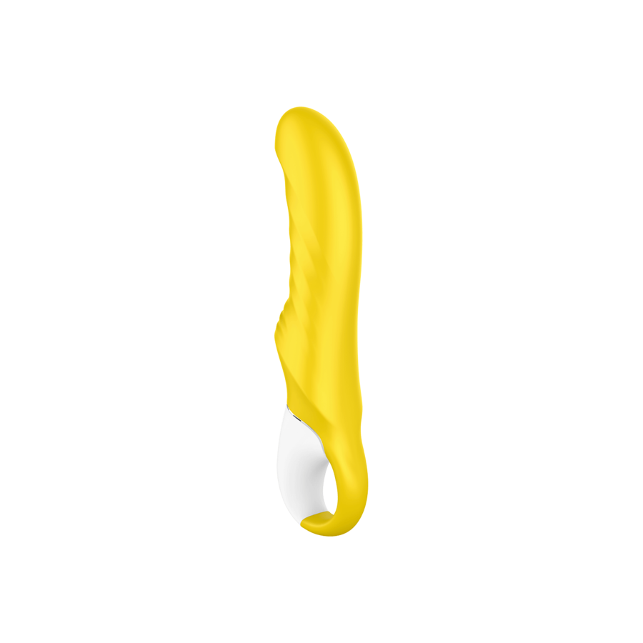 Vibromasseur point G Satisfyer Yummy Sunshine jaune en silicone vu de profil, tige courbee a reliefs et manche blanc ergonomique, vibrations reparties dans le jouet, submersible.