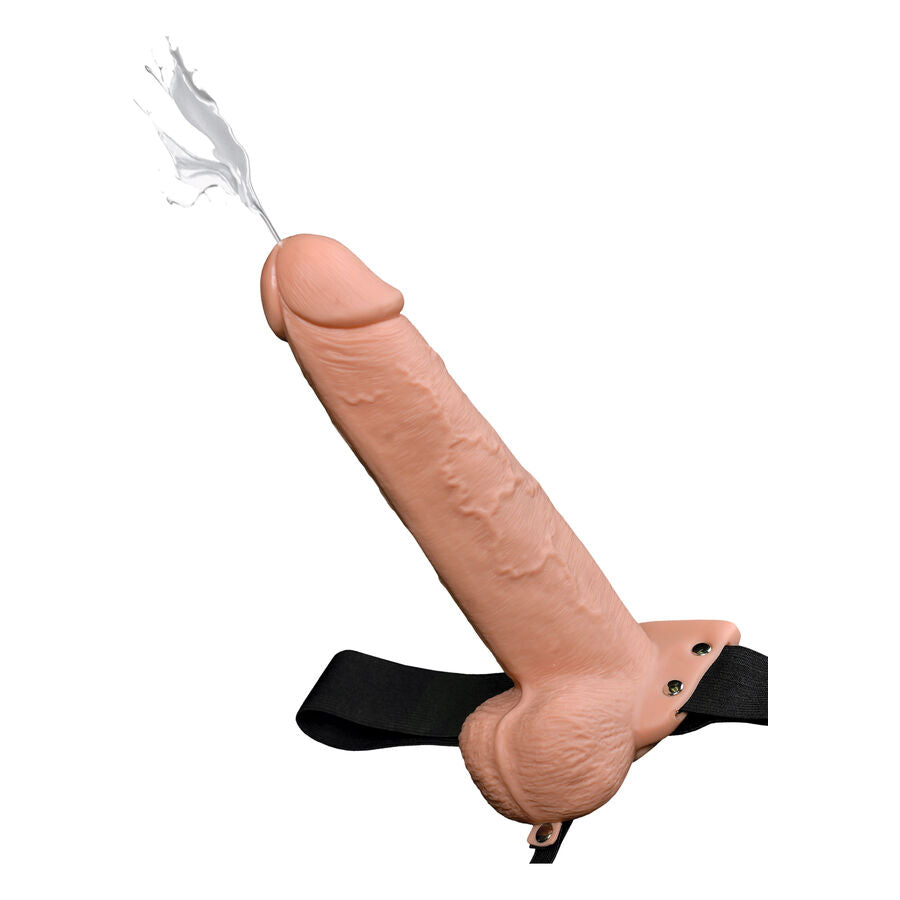 Gode ceinture avec dong réaliste, éjaculation simulée, vue de profil
