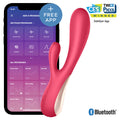 Vibrateur lapin connecté Mono Flex rouge en silicone à côté d'un smartphone affichant l'app Satisfyer Connect, double stimulation clitoris et point G par Bluetooth.