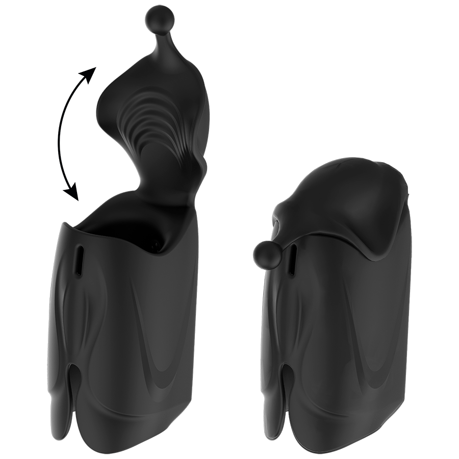 Masturbateur Jet Pro, mécanisme d'ouverture articulée du gland illustré par une flèche