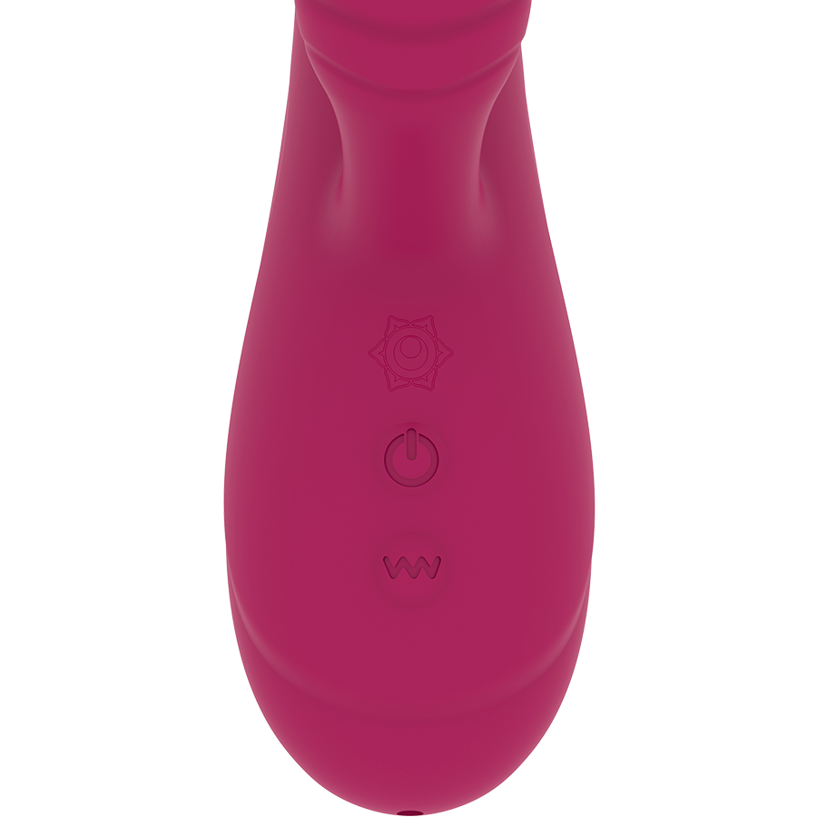 Gros plan sur la poignee du rabbit Anusara fuchsia, boutons power et modes graves dans le silicone medical, base du sextoy double moteur Rithual