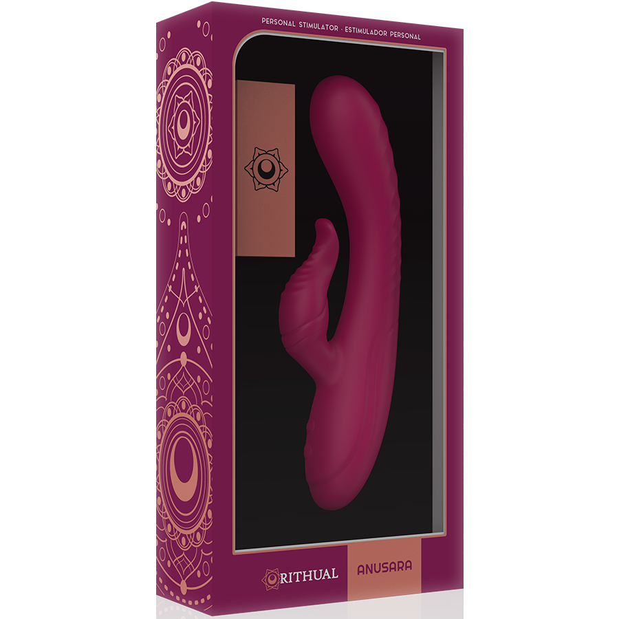 Boite violette Rithual Anusara de face, fenetre montrant le vibromasseur rabbit fuchsia, packaging orne de mandalas dores du sextoy double moteur