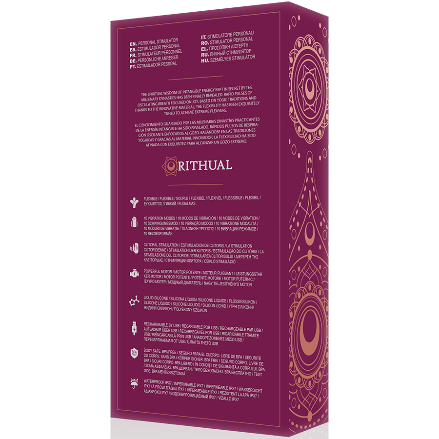 Dos de la boite violette Rithual Anusara, pictogrammes et textes du vibromasseur rabbit en silicone medical, packaging mandala dore des fonctions