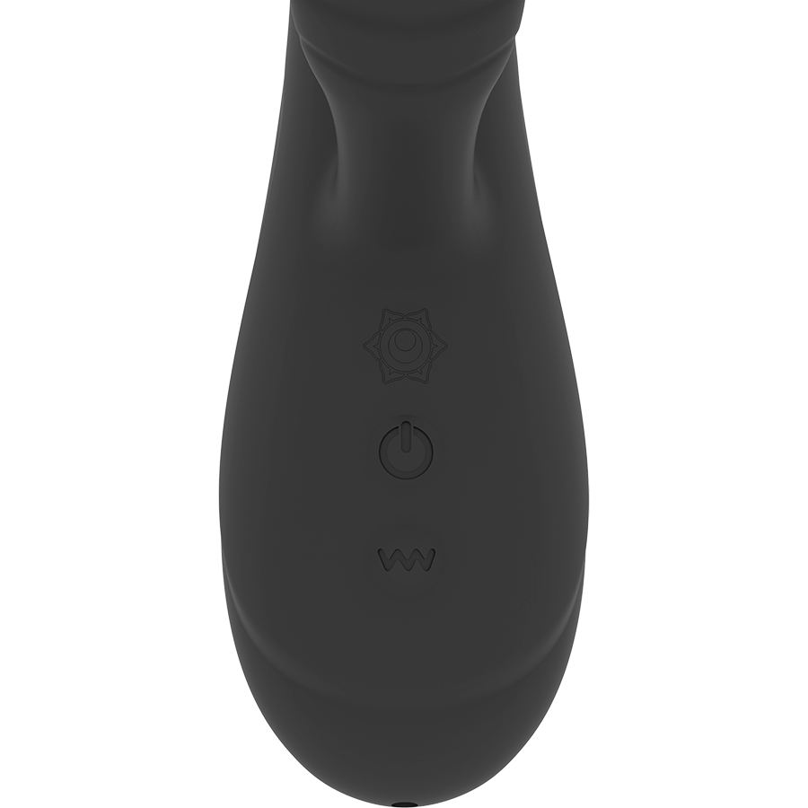 Gros plan sur la poignee du rabbit Anusara noir, boutons power et modes graves dans le silicone medical, base du sextoy double moteur rechargeable