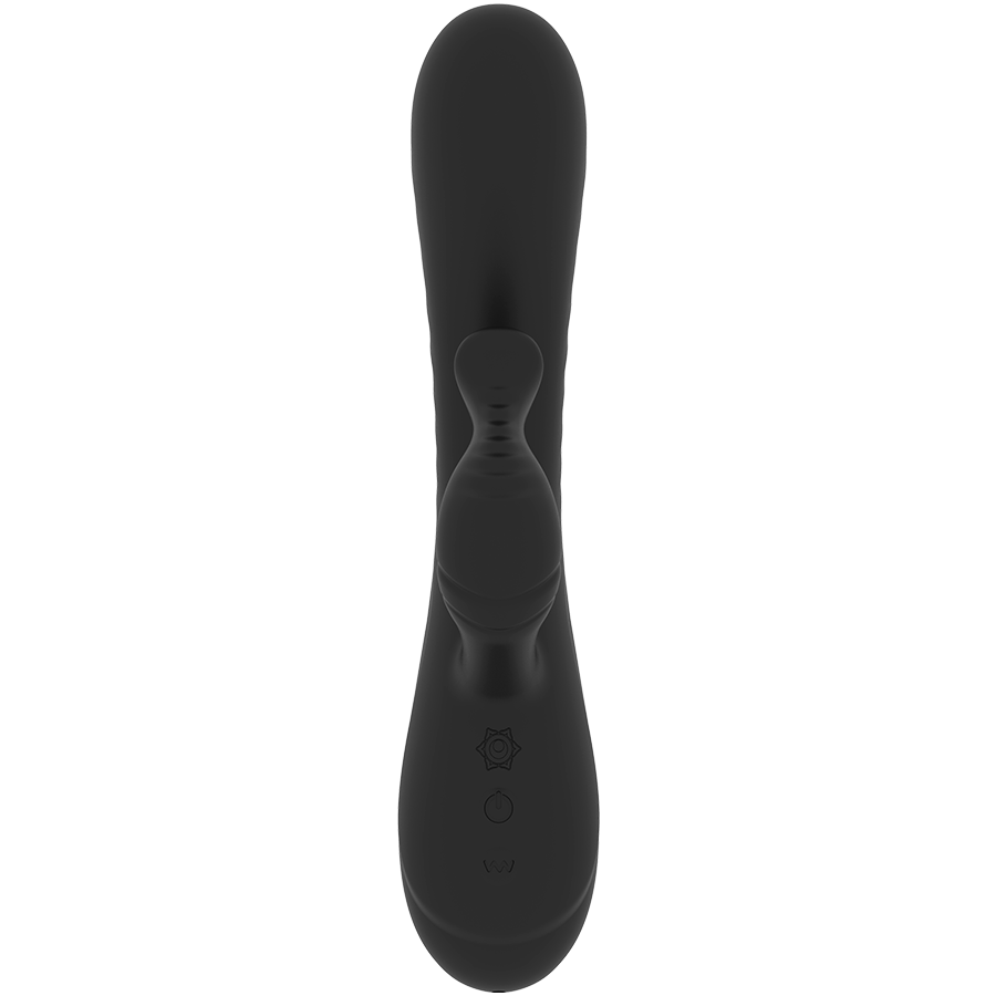 Vibromasseur rabbit Anusara noir vu de face etire, poignee a boutons et bras clitoridien central, sextoy double moteur en silicone medical Rithual