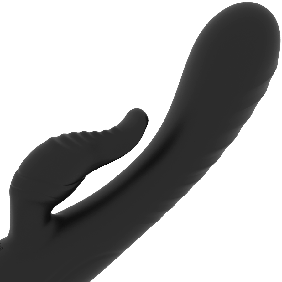Vibromasseur rabbit Anusara noir vu en trois quarts, tige courbe et stimulateur clitoridien strie en silicone medical, sextoy dual-moteur 10 modes