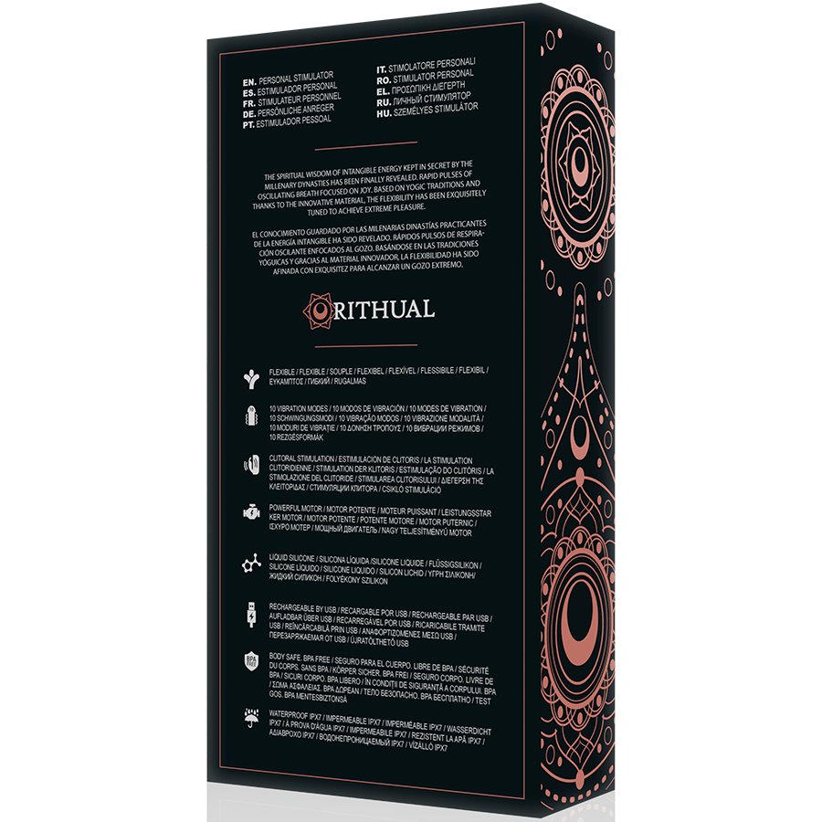 Dos de la boite noire Rithual Anusara, pictogrammes et textes du vibromasseur rabbit en silicone medical, packaging mandala dore des fonctions