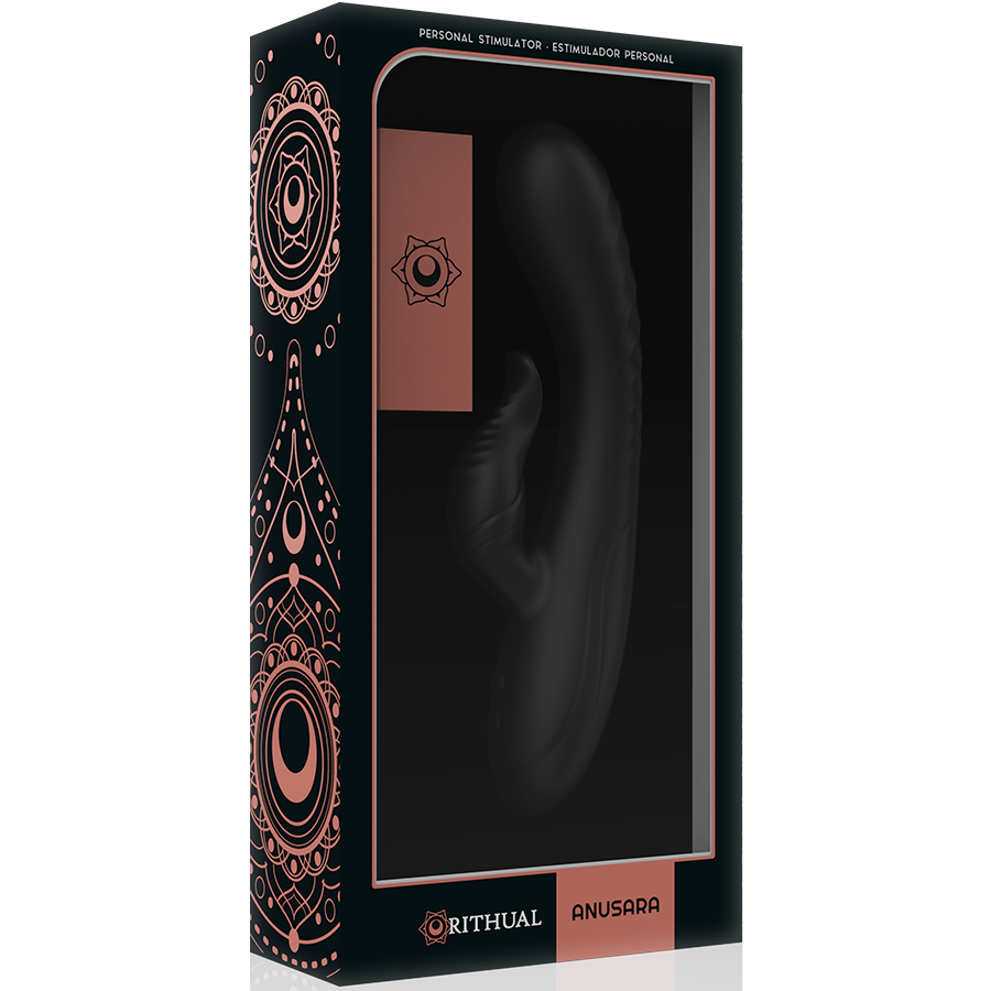 Boite noire Rithual Anusara de face, fenetre montrant le vibromasseur rabbit noir, packaging orne de mandalas cuivres du sextoy double moteur