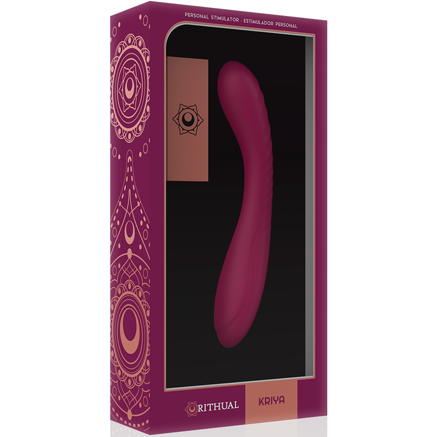 Boite violette Rithual Kriya de face, fenetre montrant le stimulateur point G fuchsia courbe, packaging orne de mandalas dores du sextoy silicone