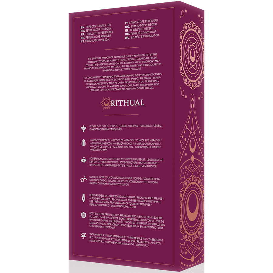 Dos de la boite violette Rithual Kriya, pictogrammes et textes du stimulateur point G en silicone medical, packaging mandala dore des fonctions