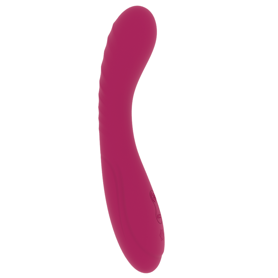 Stimulateur point G Kriya fuchsia en S de profil, tige souple double courbe en silicone medical, sextoy flexible rechargeable etanche de Rithual