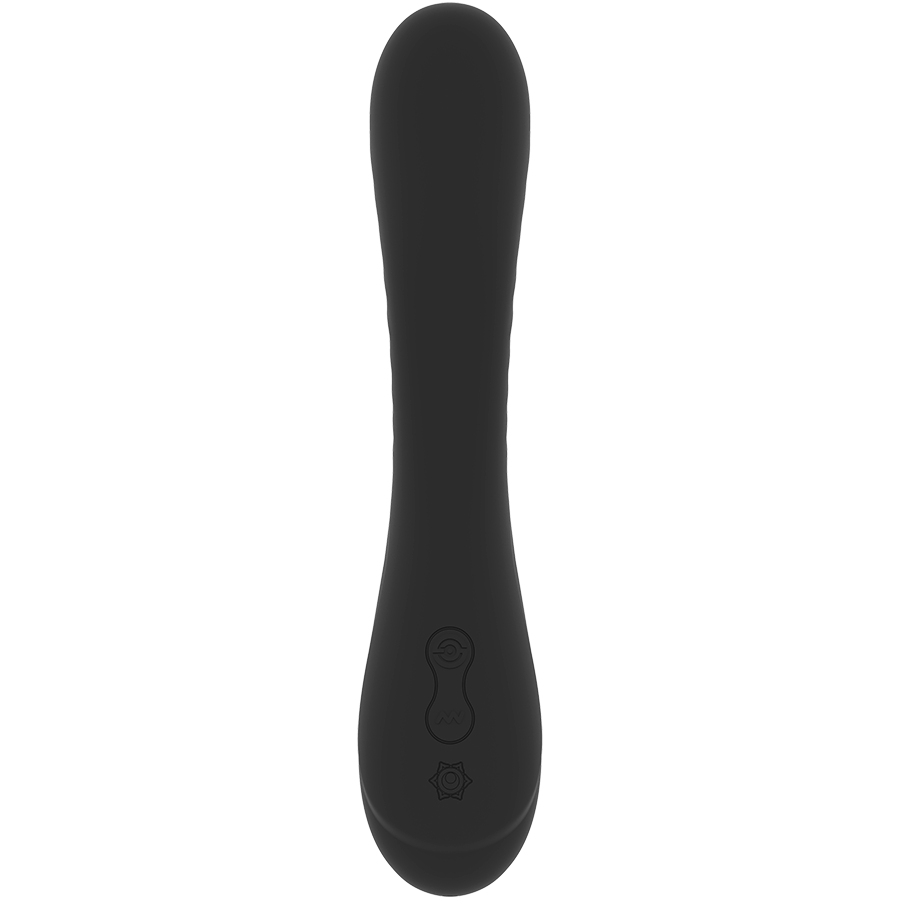 Stimulateur point G Kriya noir vu de face, poignee a commandes gravees et tige flexible, sextoy en silicone medical 10 vitesses etanche Rithual