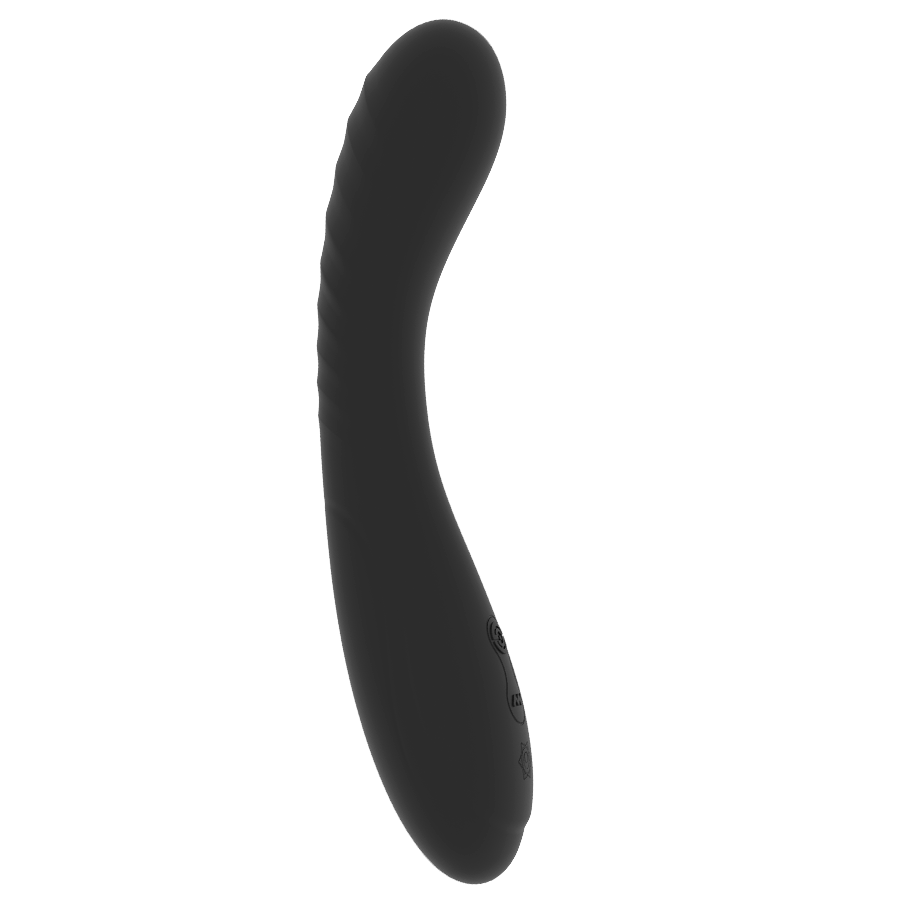 Stimulateur point G Kriya noir en S de profil, tige souple double courbe en silicone medical, sextoy flexible rechargeable etanche de Rithual