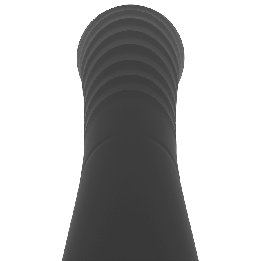 Detail de la tete annelee du Kriya noir, anneaux ondules en silicone medical, gros plan sur l'extremite du stimulateur point G de Rithual