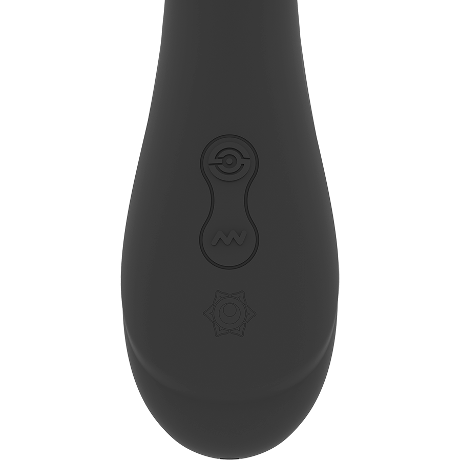 Gros plan sur la poignee du Kriya noir, boutons et logo mandala graves dans le silicone medical, base du stimulateur point G rechargeable USB