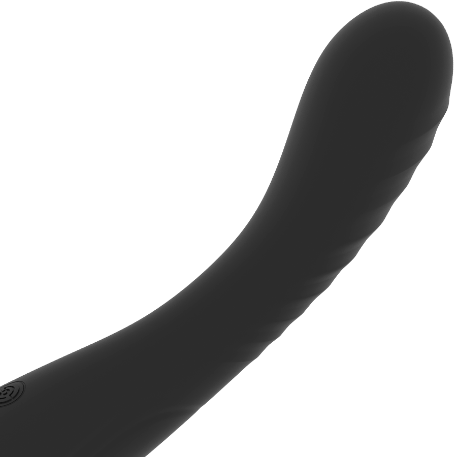 Gros plan sur la tige courbe du Kriya noir, tete striee et fut lisse en silicone medical, detail du stimulateur point G rechargeable de Rithual