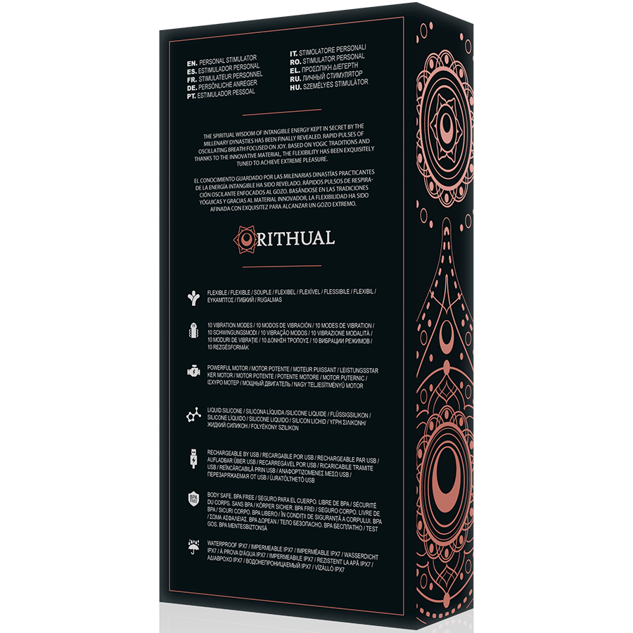 Dos de la boite noire Rithual Kriya, pictogrammes et textes du stimulateur point G en silicone medical, packaging mandala dore des fonctions
