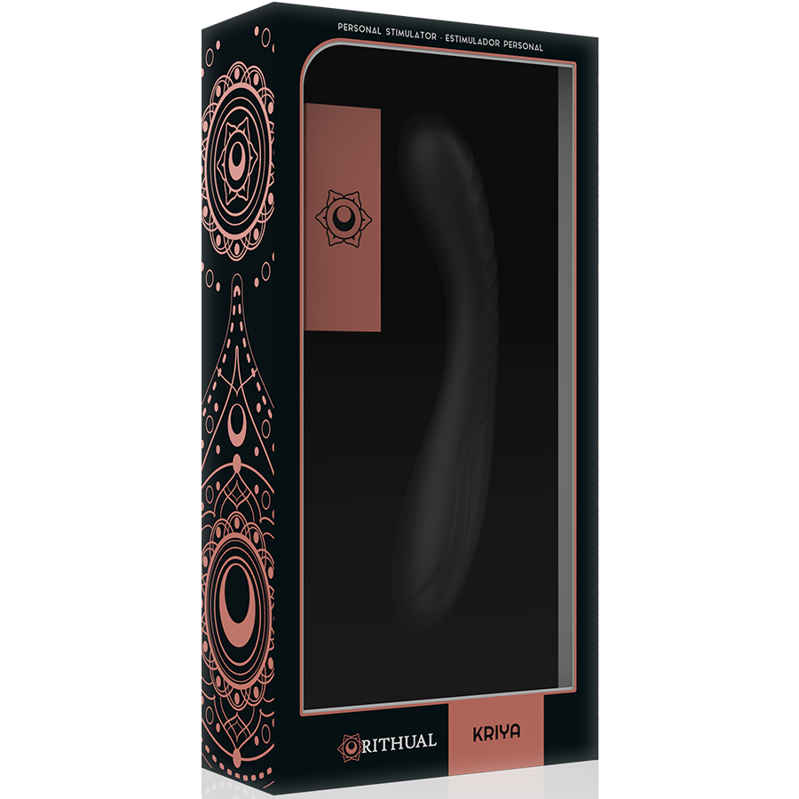 Boite noire Rithual Kriya de face, fenetre montrant le stimulateur point G noir courbe, packaging orne de mandalas cuivres du sextoy silicone
