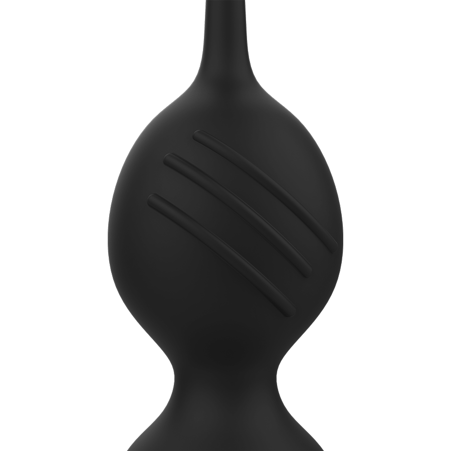 Gros plan sur une boule de Kegel Nisha noire striee en silicone, texture en relief du sextoy perineal vibrant rechargeable de Rithual