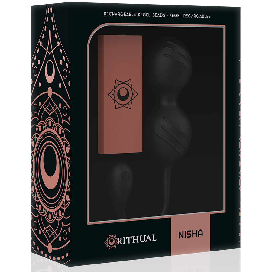 Boite noire Rithual Nisha de face, fenetre montrant les boules de Kegel vibrantes noires, packaging orne de mandalas cuivres du sextoy perineal