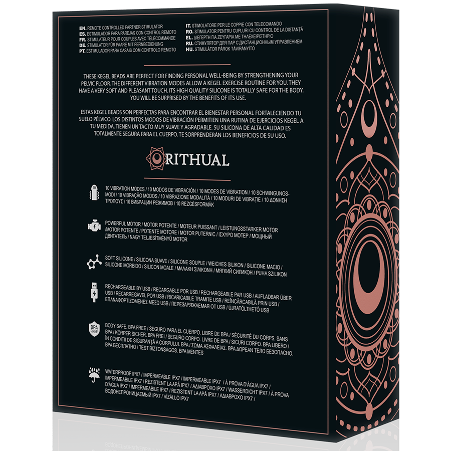 Dos de la boite noire Rithual Nisha, pictogrammes et textes des boules de Kegel vibrantes en silicone, packaging mandala dore des fonctions