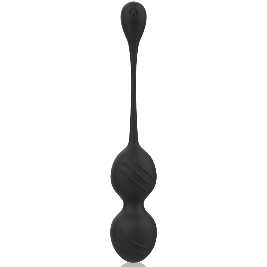 Boules de Kegel vibrantes Nisha noires suspendues par leur cordon, deux spheres striees en silicone, sextoy perineal vibrant rechargeable de Rithual