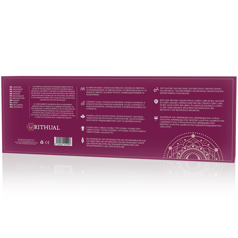 Dos de la boite rose Rithual Akasha, pictogrammes et textes du masseur wand en silicone medical, packaging mandala dore des modes et fonctions