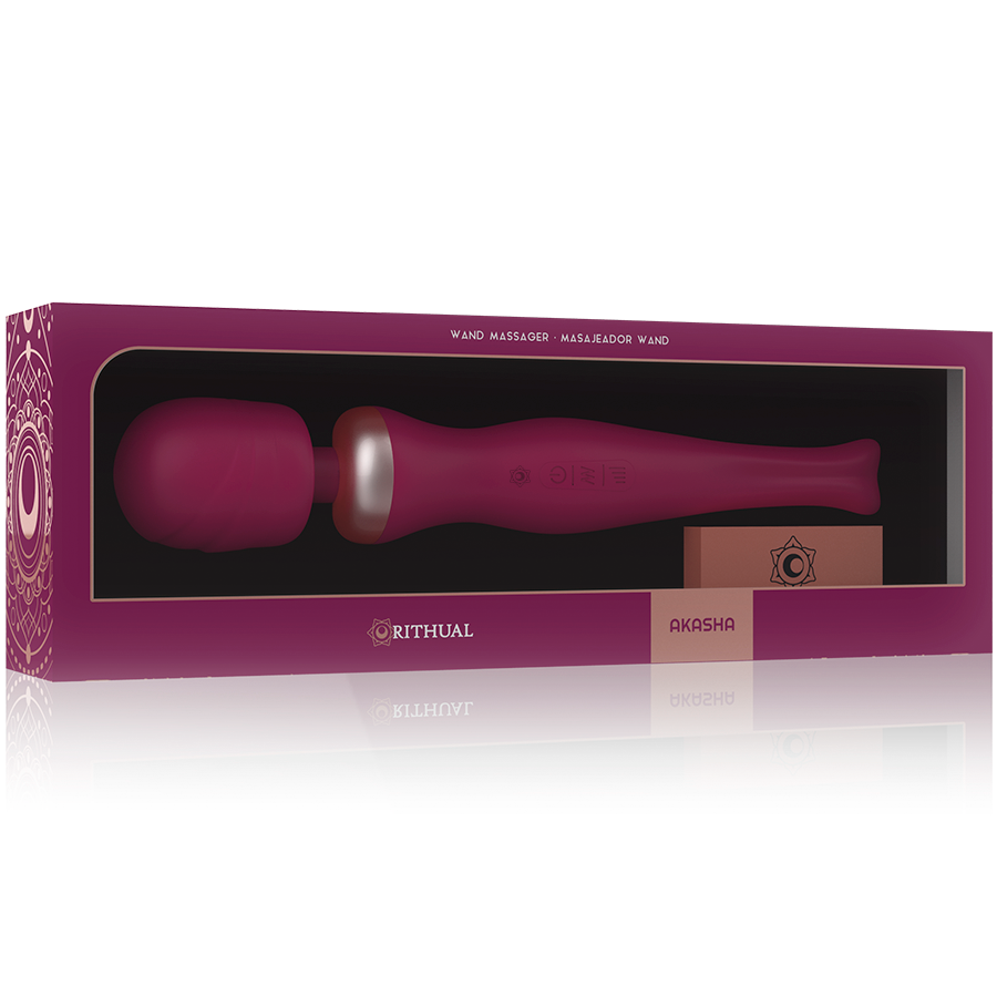 Boite rose Rithual Akasha de face, fenetre montrant le masseur wand fuchsia couche, packaging orne de mandalas dores du wand massant externe