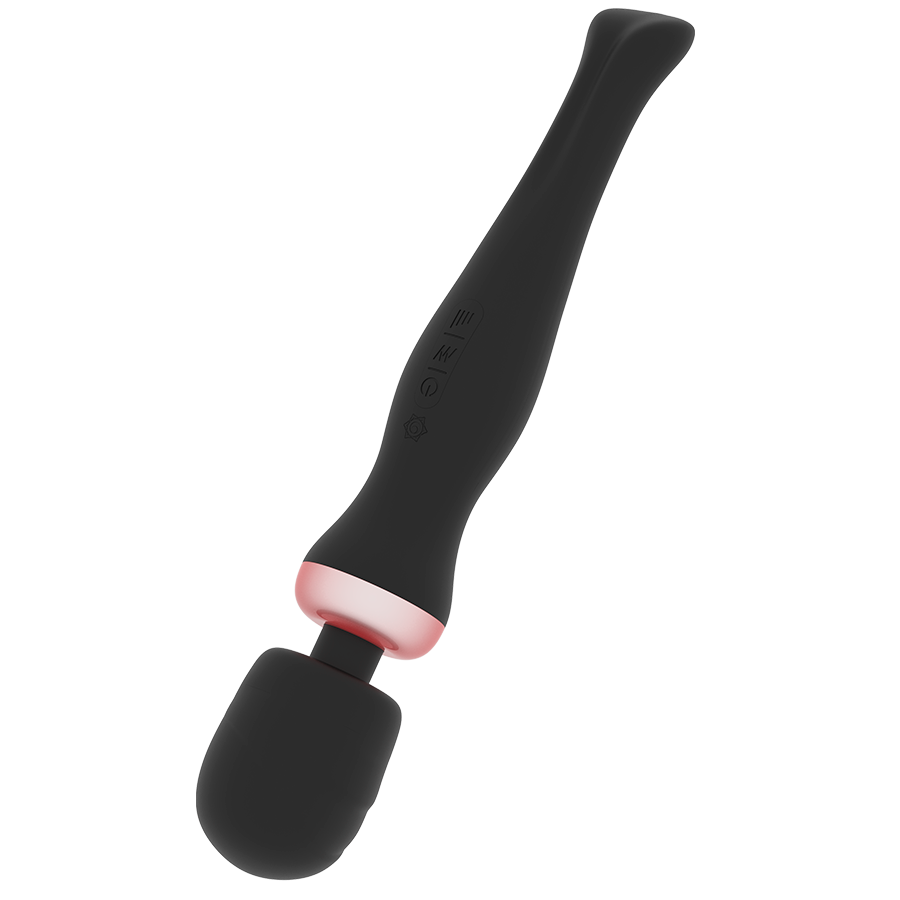 Wand Akasha Rithual vu de profil, long manche noir incurve en silicone medical et tete massante souple, format discret rechargeable avec 20 modes et 8 intensites.