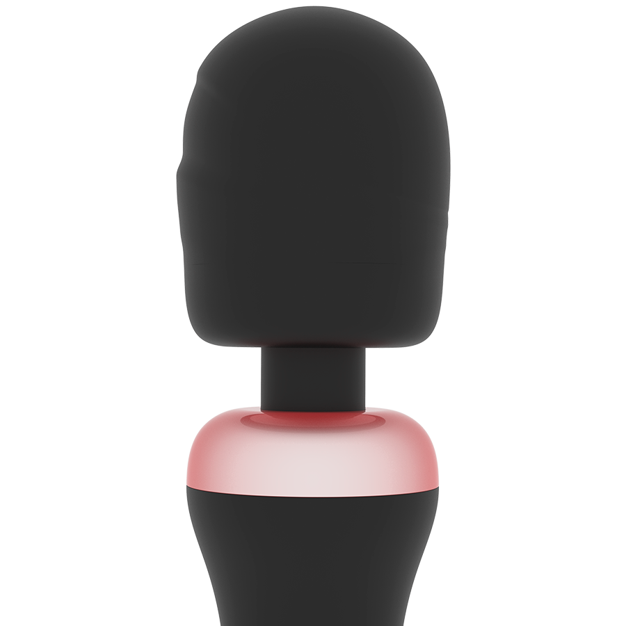 Gros plan sur la tete arrondie du masseur Akasha Rithual en silicone medical noir, col rose dore flexible, surface lisse non anatomique pensee pour un massage externe doux.