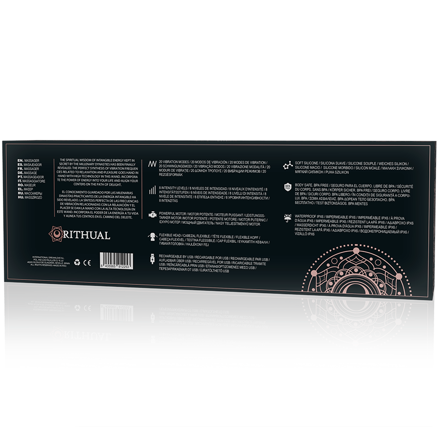 Verso de l emballage Akasha Rithual avec pictogrammes et notice multilingue, presentant le wand massant en silicone medical rechargeable, etanche et a 20 modes de vibration.