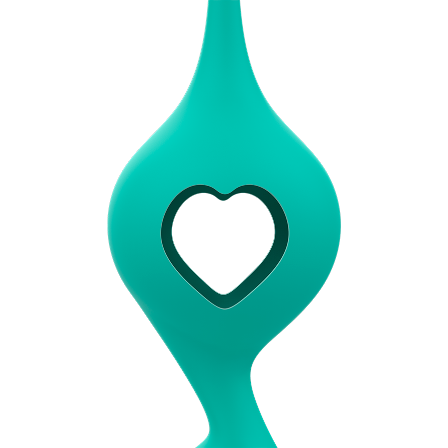 Gros plan sur une boule de Geisha Rithual en silicone vert au coeur ajoure, surface lisse non anatomique, element du kit a poids progressifs pour tonifier le plancher pelvien.