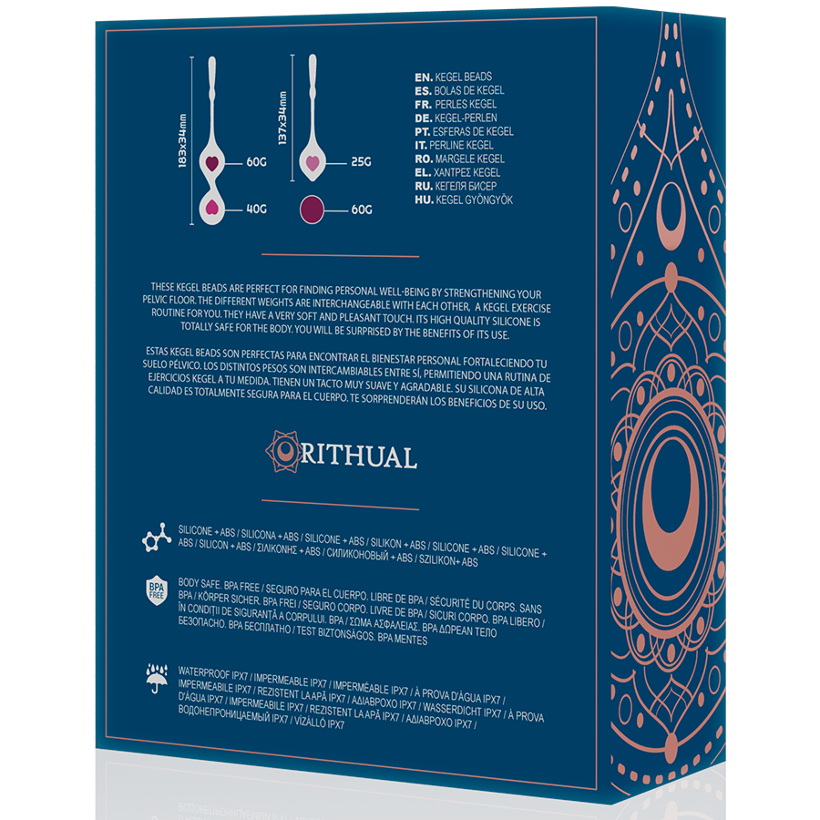 Verso de la boite Deva Rithual bleue avec schemas des boules de Geisha, poids 60G, 40G, 25G et notice multilingue, kit silicone pour renforcer doucement le plancher pelvien.
