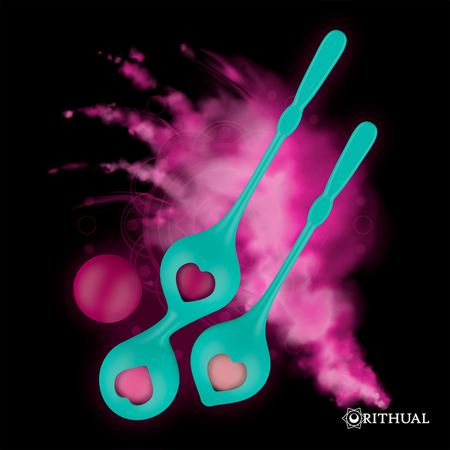 Visuel d ambiance des boules de Geisha Rithual en silicone vert sur fond noir et fumee rose, tiges a coeur et billes progressives mises en scene pour la reeducation perineale.