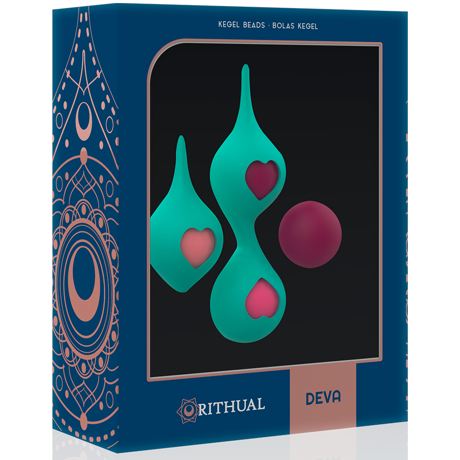 Boite Deva Rithual bleu nuit a decor dore montrant le kit de boules de Geisha en silicone vert par la fenetre, accessoire de tonification du perinee a poids progressifs.