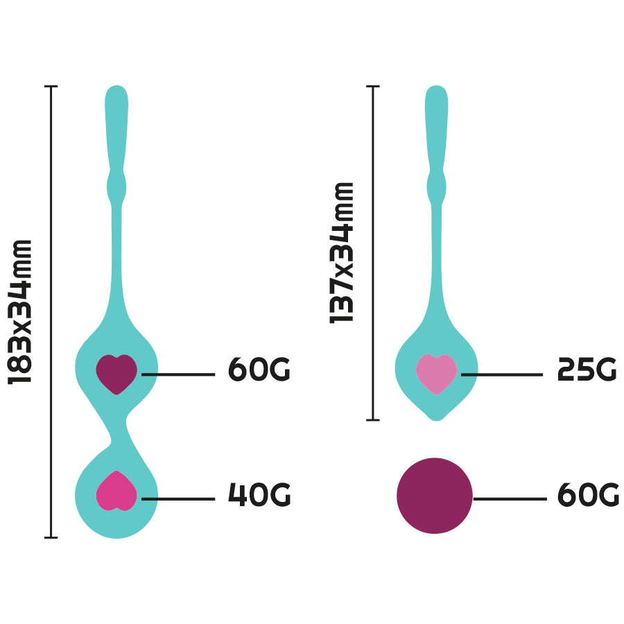 Schema coté des boules de Geisha Rithual en silicone vert avec mesures 183x34mm, 137x34mm et poids 60G, 40G, 25G interchangeables pour une tonification perineale par etapes.